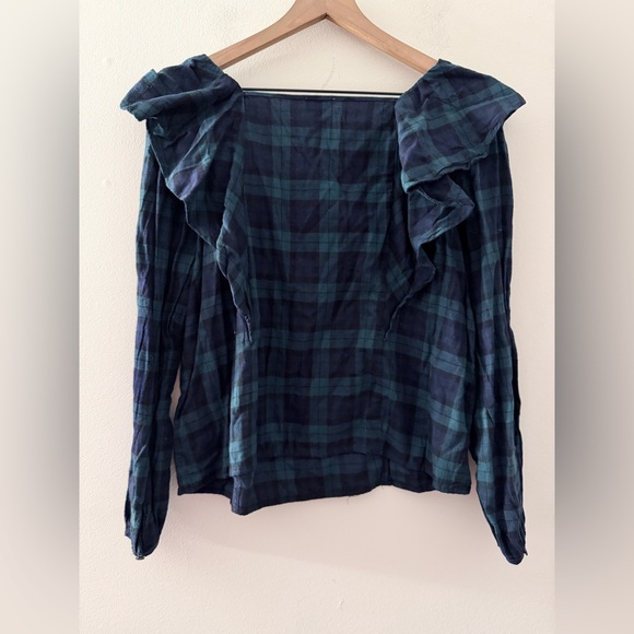J.Crew Factory Women's Black Watch Tartan Flannel Squareneck Ruffle top NWT - Picture 3 of 7